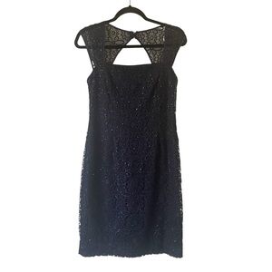 Adrianna Papell dark blue sequin lace midi length evening dress size 8